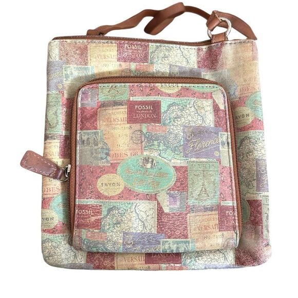 FOSSIL VINTAGE STAMP PATTERN Leather Shoulder Crossbody Bag Wallet Purse - Picture 1 of 7